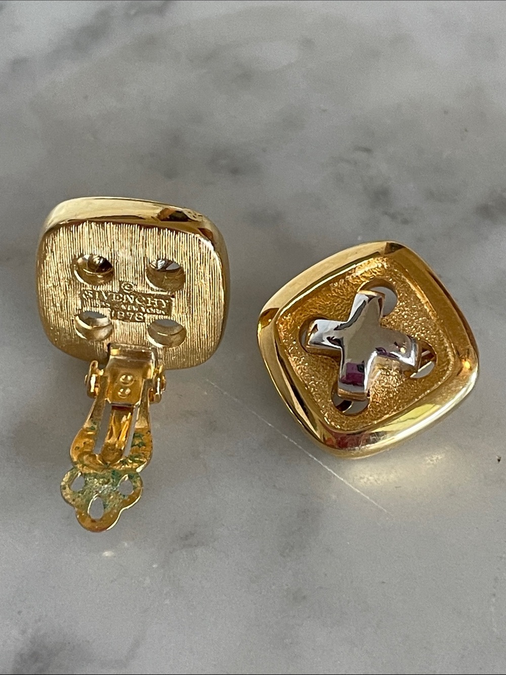 GIVENCHY PARIS NEW YORK Rare Vtg 1978 Gold Button Cross Clip On Earrings 70s